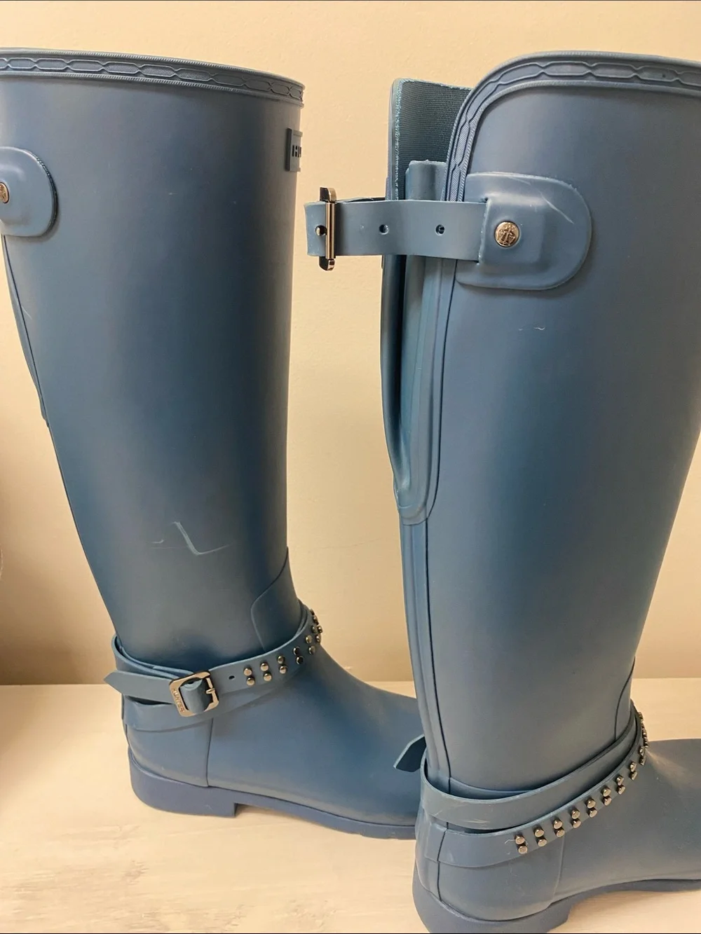 Hunter Tall Blue Studded-Trim Rain Boots